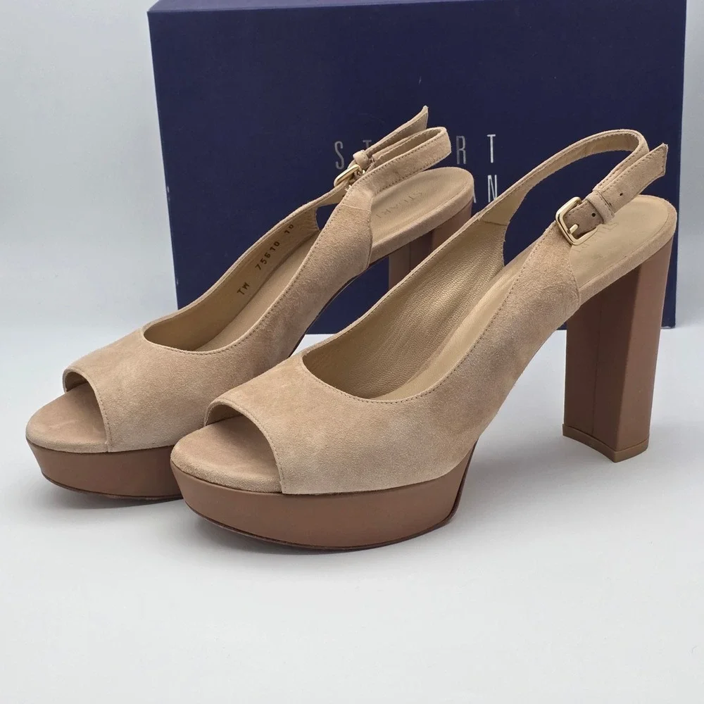 Stuart Weitzman Slingshot Block Heels Women 10 Tan Suede Platform‎ Wedding Guest